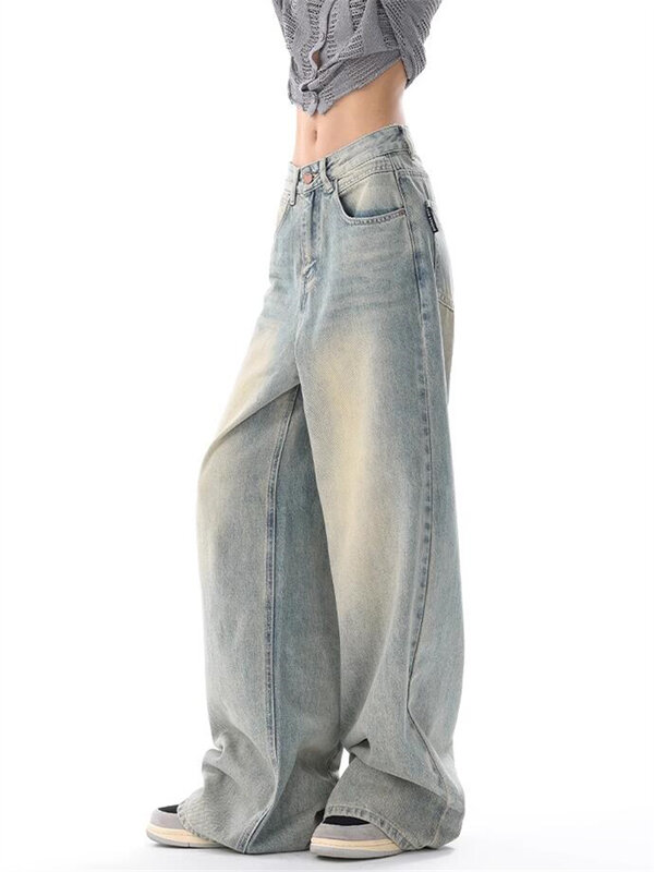 Женские винтажные тонкие джинсы в американском стиле, уличные повседневные синие джинсовые брюки в нейтральном стиле, женские прямые брюки с высокой талией