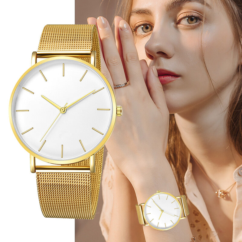 Relógio de pulso feminino e masculino em malha de ouro, relógio casual, vestidos de cinto, relógio simples, senhoras, feminino, nova moda, 2023
