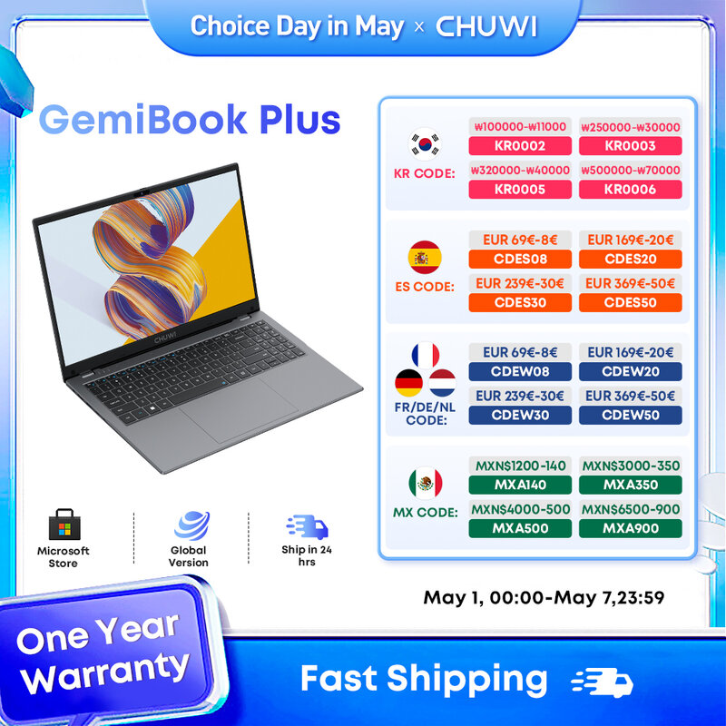 CHUWI-GemiBook Além disso portátil com ventoinha de refrigeração, 15.6 ", Gráficos Intel N100, 12th Gen, 1920*1080p, 8GB de RAM, 256GB SSD, Windows 11, Wi-Fi 6