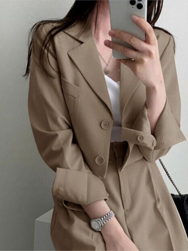 Women's Solid Casual Suits Blazer Jacket Wide Leg High Waist Pants Office Lady Autumn Spring Crop Tops Coats Two Piece Sets