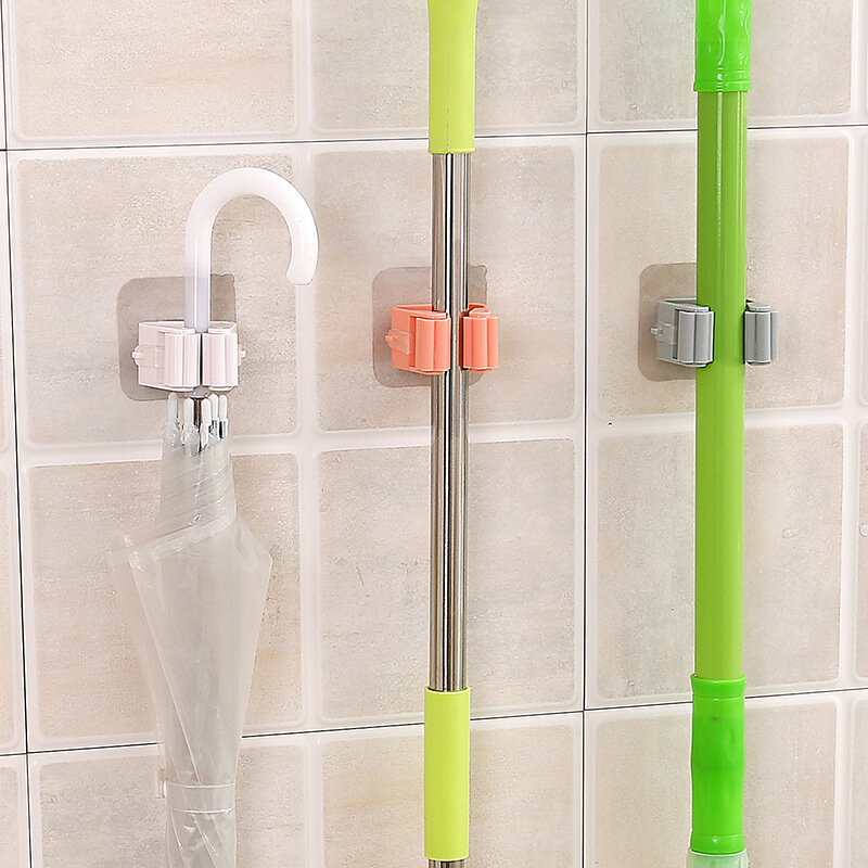 Wall Mounted Mop Holder Self-Adhesive Mop Clip Storage Rack Brush Broom Hanger Space-Saving Bathroom Accessories Organizer Hook