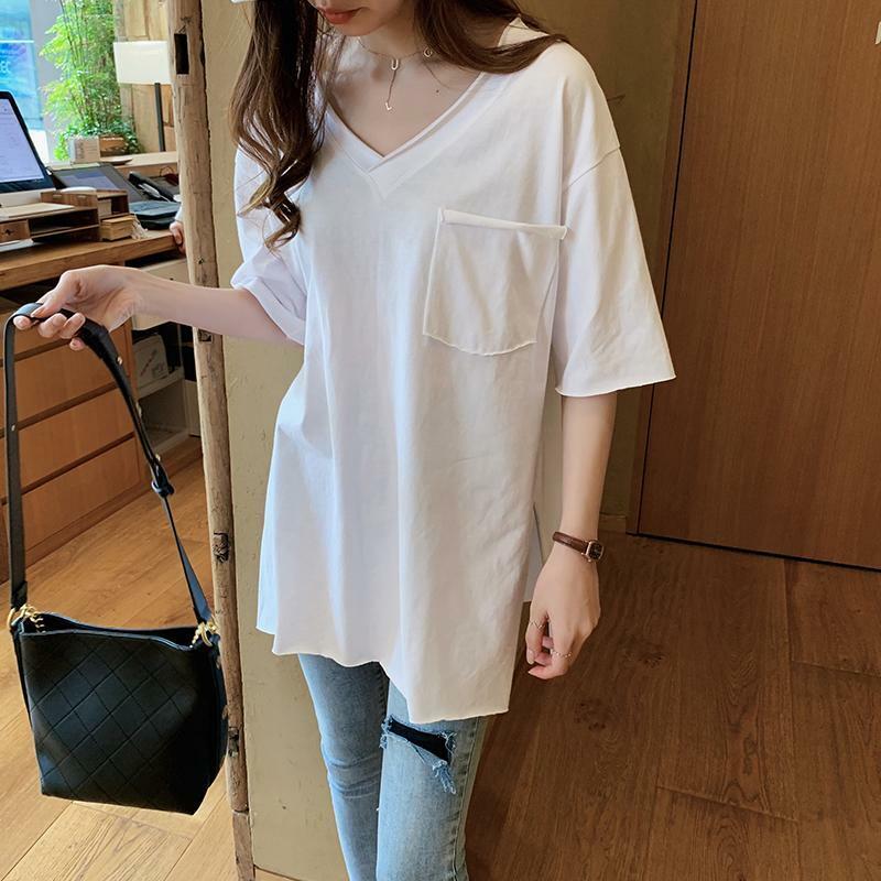 เสื้อยืดลำลองคอวีสีพื้นแฟชั่นสำหรับผู้หญิงเสื้อยืดสไตล์เกาหลีทรงหลวมใส่ได้กับ2024ฤดูร้อน