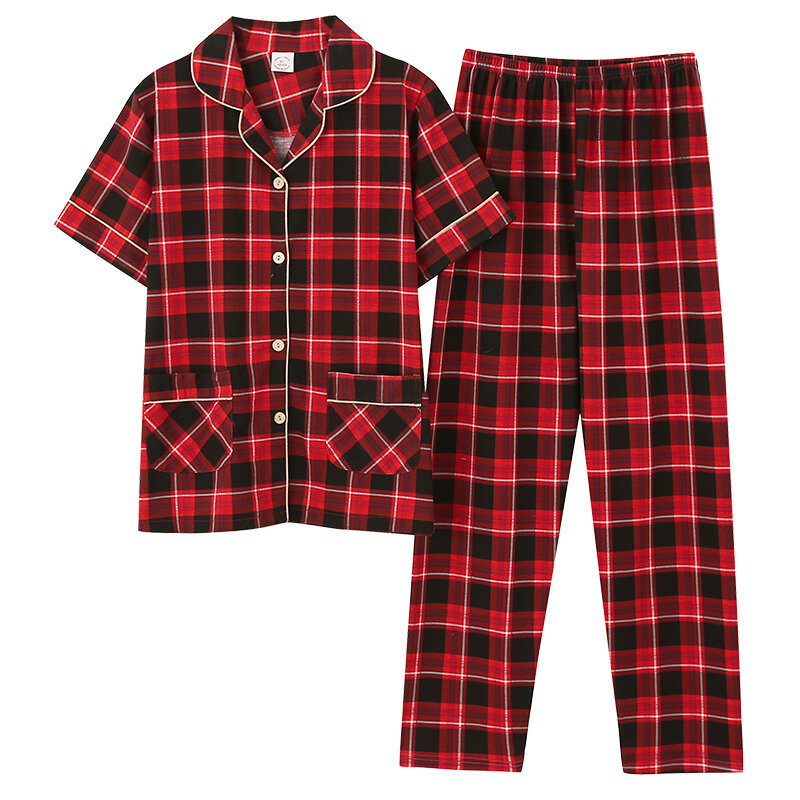 Conjunto de Pijama de algodón tejido para mujer, ropa de dormir a cuadros, de manga corta, para el hogar