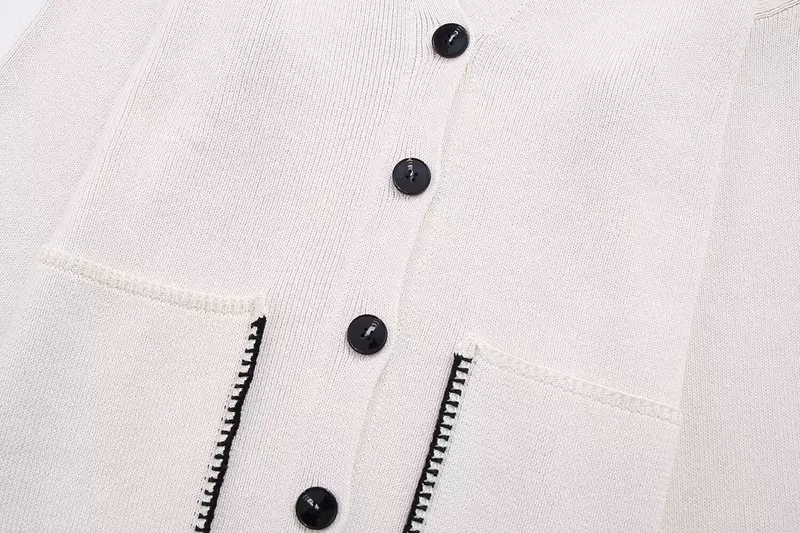 Abrigo de punto de una sola botonadura con cuello en V para mujer, abrigo Vintage de manga larga con bolsillo, Top elegante, decoración de hilo, nueva moda