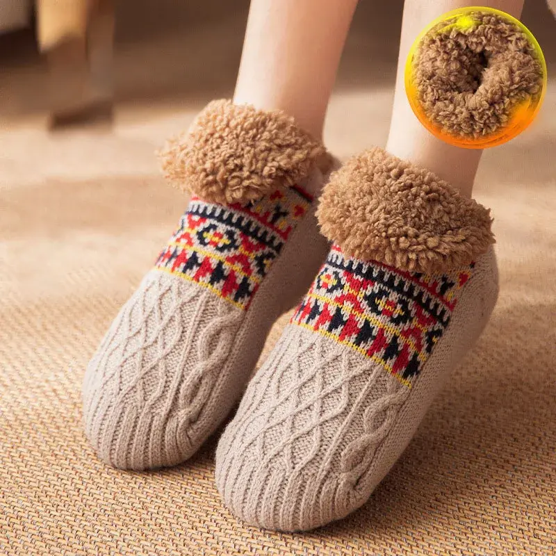 Зимние женские теплые носки, тапочки, теплые плотные носки для спальни, Нескользящие шерстяные носки для снега 2024, мужские носки с принтом, модные домашние носки