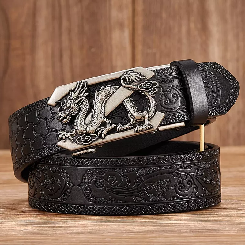 Cinturón de cuero genuino para hombre, correa de cuero de vaca con estampado de dragón, hebilla automática, 3,5 cm