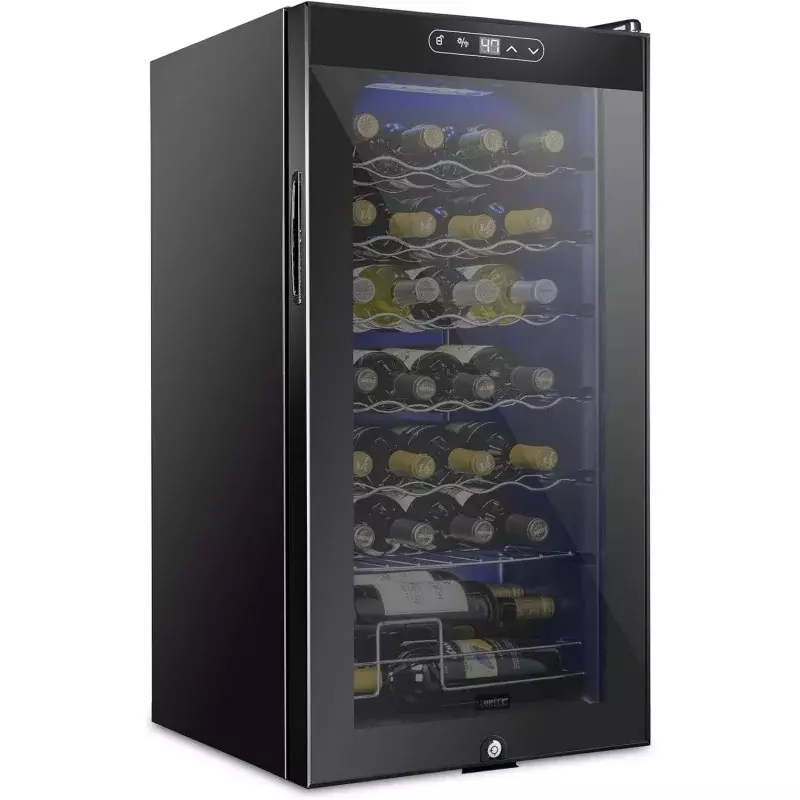 Refrigerador do refrigerador do risco-vinho com fechamento, grande adega autônoma, temperatura digital, 41f-64f, compressor 28 garrafa