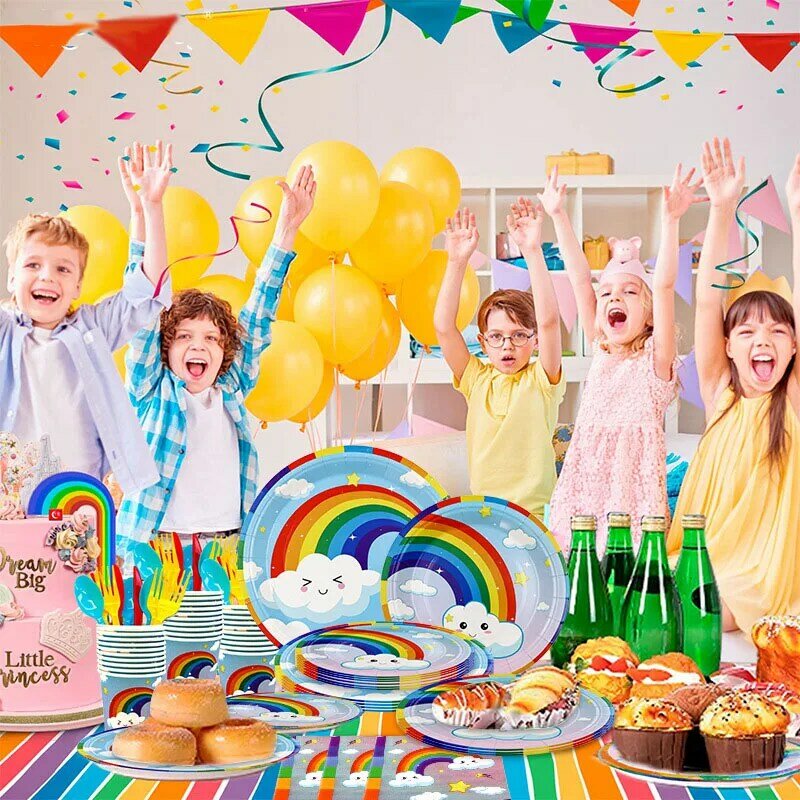 Platos de papel de arcoíris para niños, servilletas, suministros de fiesta desechables, dulces estampados de dibujos animados, cumpleaños, Baby Shower, gran oferta