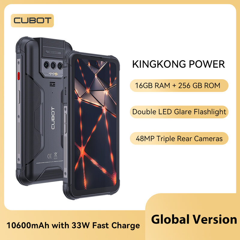 Cubot KingKong Power, водонепроницаемый защищенный Android 13, 16 ГБ ОЗУ (8 ГБ + 8 ГБ расширенных), 256 ГБ ПЗУ, 10600мАч, быстрая зарядка 33 Вт, 6,5-дюймовый экран FHD +, NFC, Двойной светодиодный фонарик, OTG, GLONASS