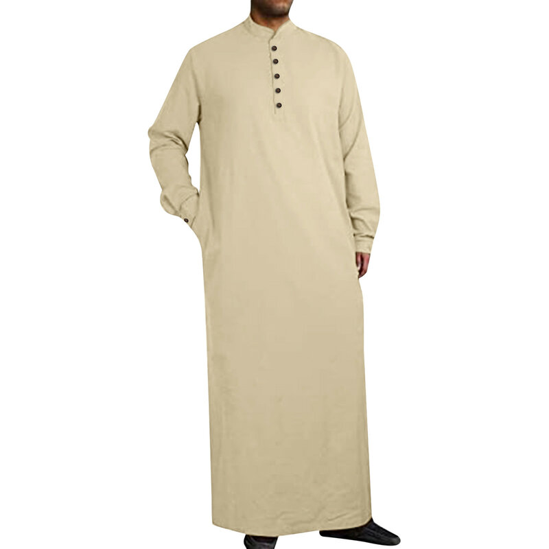 Manto muçulmano de manga comprida masculino, estilo árabe médio, botão simples, fenda lateral, bolso de botão