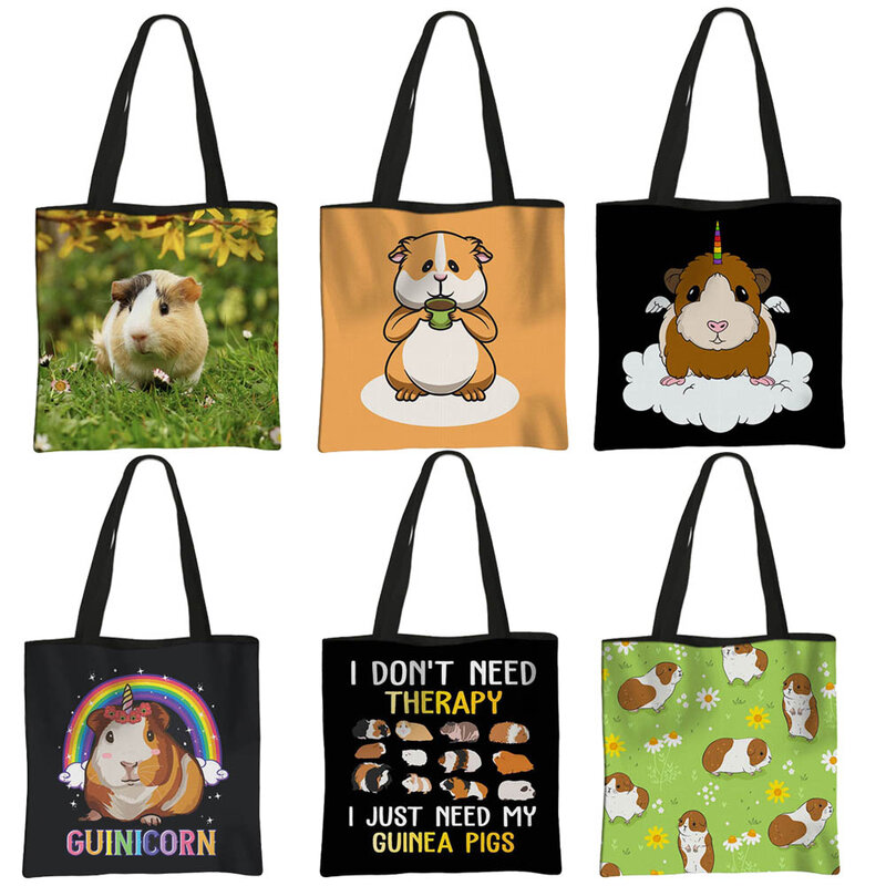Cute Guinea Pig Print Canvas Shoulder Bag Mammal Cavy Shopping Bags Large Capacity Ladies Totes Bag Reusable Shopper Bags Gift