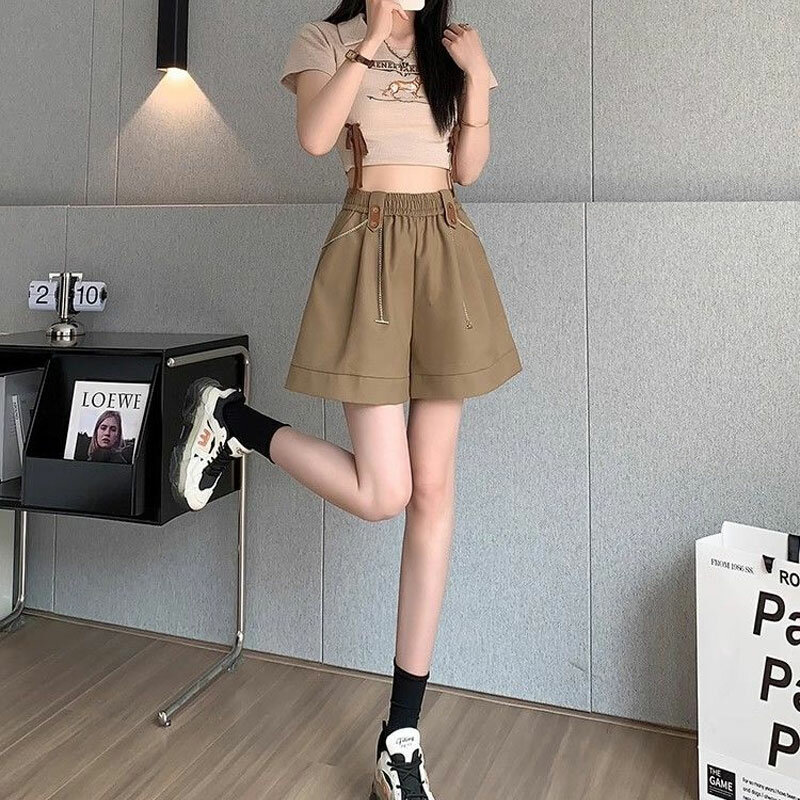 Basic Wide Leg A-Line Casual Shorts Summer High Waist Elastic Women's Clothing Fashion Spliced Chain Solid Color Loose Shorts