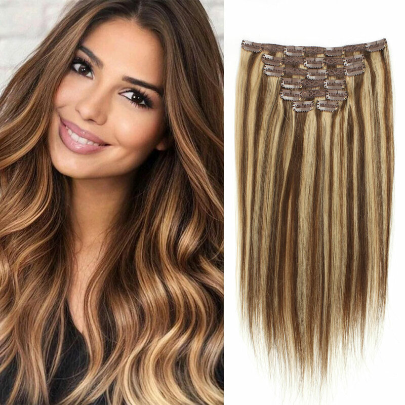 PLADIO Clip In Hair Extensions Real Remy Natural Human Hair for Woman Straight Seamless Clip on Hair Extensions 7pcs 100G 200G