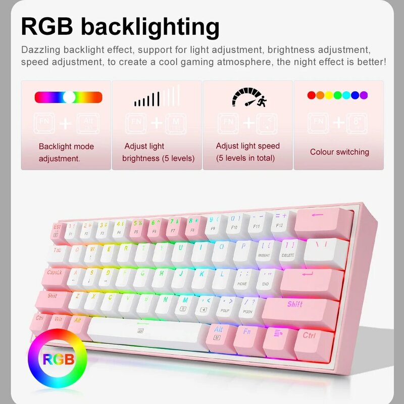 REDRAGON Fizz K617 RGB USB Mini Mechanical Gaming Wired Keyboard Red Switch 61 Key Gamer for Computer PC Laptop Detachable Cable