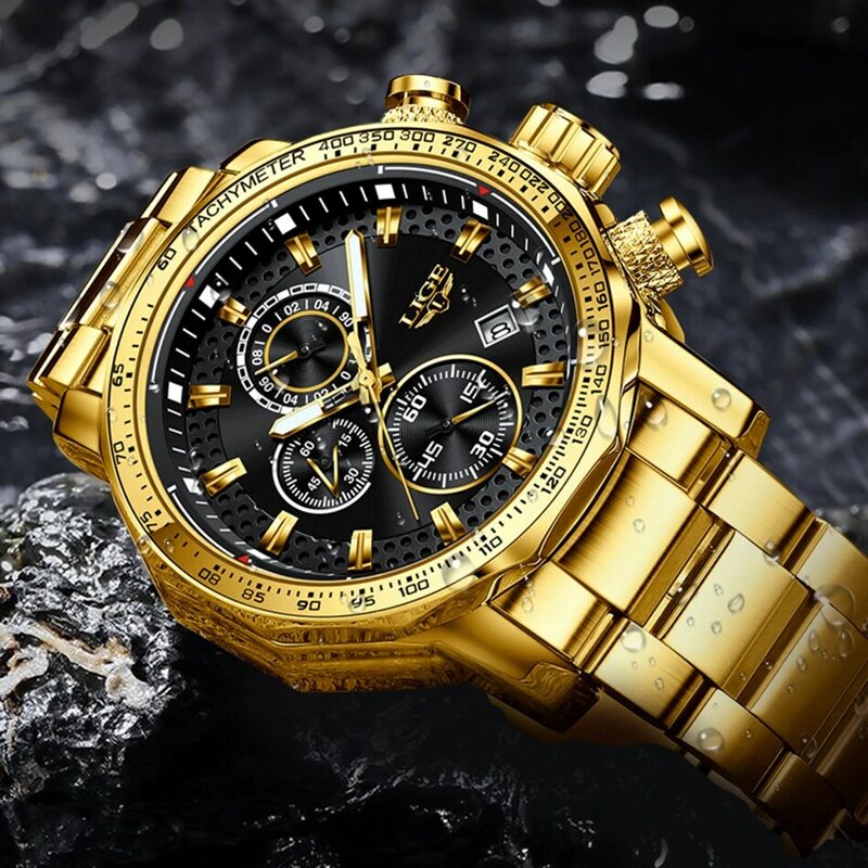 LIGE-남성용 대형 스포츠 시계, 럭셔리 남성용 밀리터리 스틸 쿼츠 손목 시계, 크로노그래프 골드 디자인 남성 시계