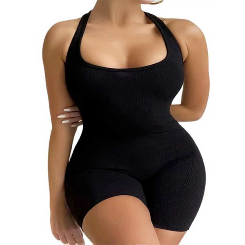 Macacão de cabresto preto monocromático grande feminino, roupas sexy body-con de ioga, esportivo, plus size, moda