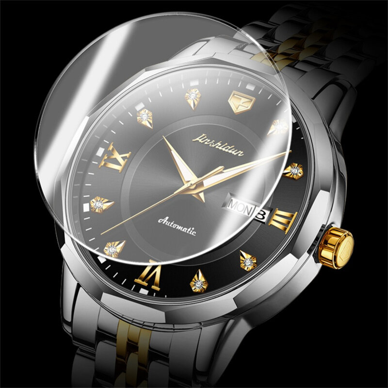 JSDUN 8948 jam tangan mekanis Fashion hadiah gelang jam baja tahan karat tampilan minggu dial bulat kalender bercahaya