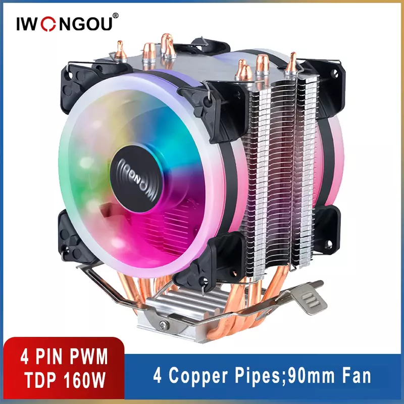 Cpu Cooler X99 4pin 90mm radiatore IWONGOU 4 Heatpipes Computer 4pin raffreddamento CPU ventole RGB per Intel Lga 2011/1366/1700/AMD/am4