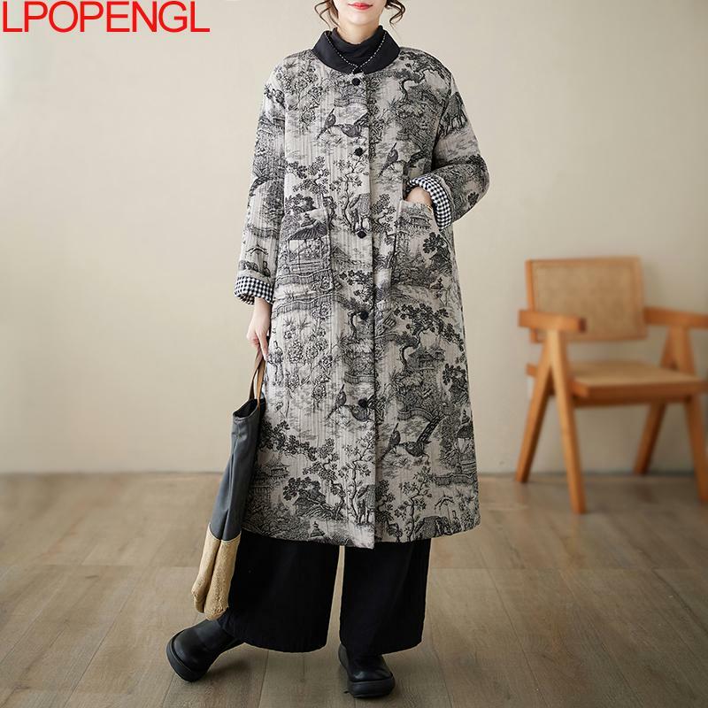Jaqueta retrô de peito único estampado feminino, jaqueta espessa quente, estilo chinês de tinta, roupas de algodão, mangas compridas, inverno
