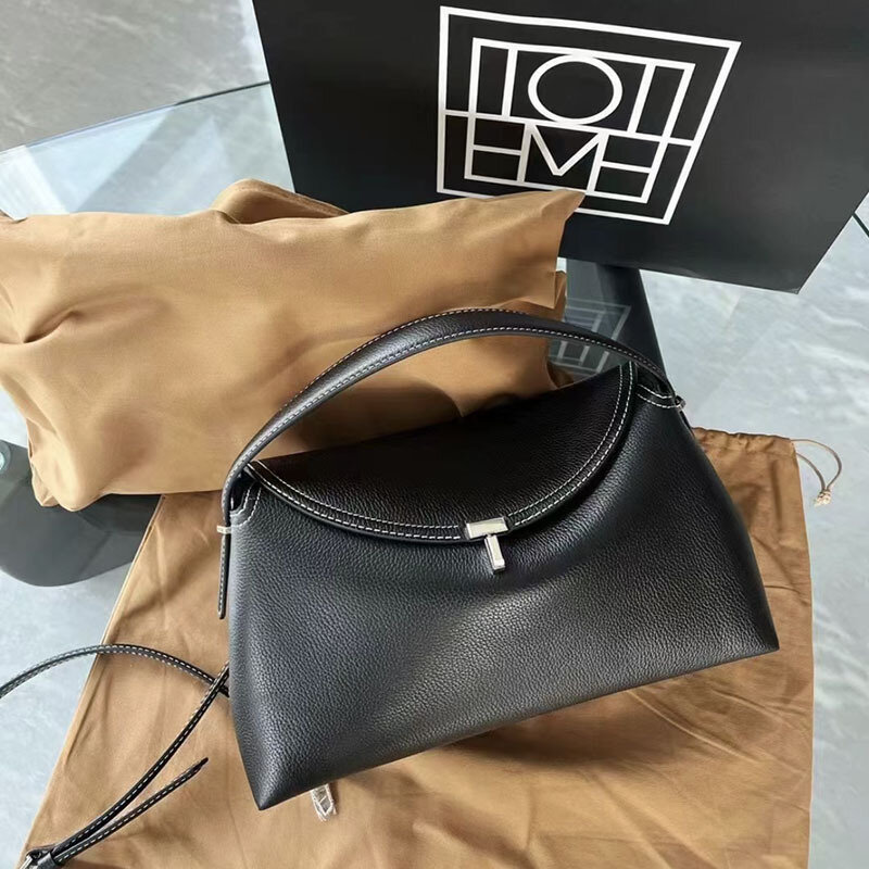 2024 New Toteme cowhide flip-top handbag Savi same style T-shaped lock large capacity single-shoulder slung bag