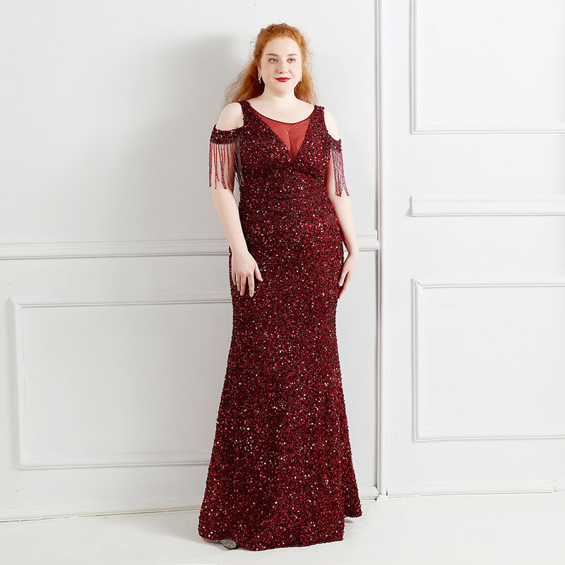 Gaun Malam Putri Duyung Burgundy Ukuran Plus Jubah Manik-manik Glitter Mewah Karpet Merah Formal Gaun Prom Pesta Kontes Karpet Merah