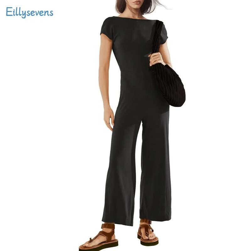 Womens Backless Jumpsuits Loose Straight Wide Leg Jumpsuits Daily Casual Sexy One-Piece Collar Short Sleeve Solid Rompers