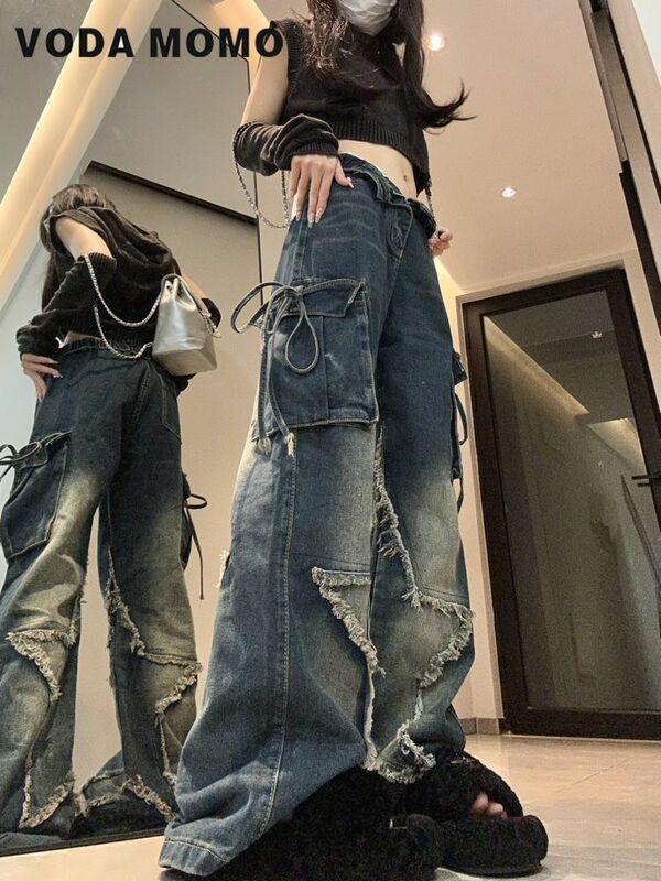 2024 Spring Summer New Cargo Jeans Woman American Streetwear Straight Barrel Jeans Women Five-pointed Star Embroidery Women Pant