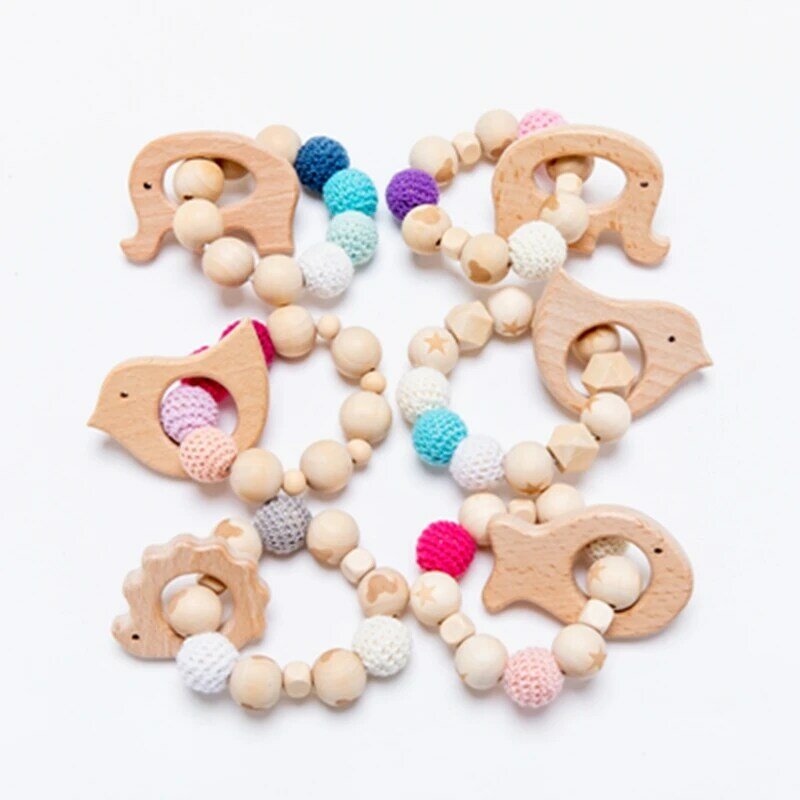 Baby massaggiagengive in legno faggio animale sonaglio in legno giocattolo giocattoli per la dentizione in legno bambino sonaglio perline bracciali giocattoli in legno per bambini