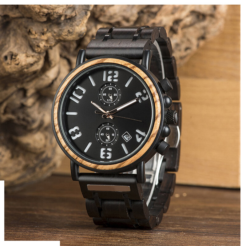Jam tangan kuarsa pria jam tangan kaca tahan gores Chronograph multifungsi kombinasi baja tahan karat dan kayu hadiah kalender