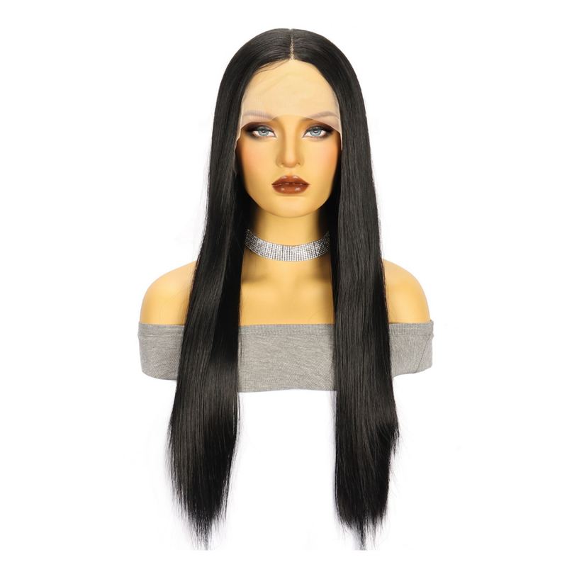 Women'S Black Long Straight Hair Lace Front Medium Split Fiber Headband Glue-Free Wig for Daily Use and Cosplay