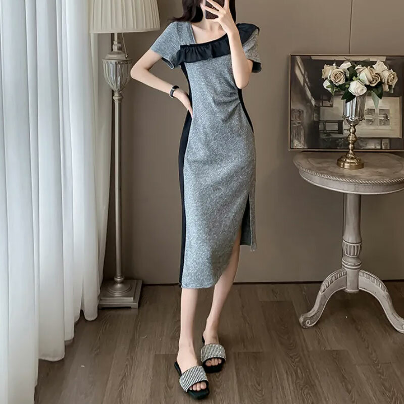 Elegante Rüschen gespleißt Midi kleid Damen bekleidung stilvolle Patchwork asymmetrisch 2024 Sommer Kurzarm koreanische Falten Kleider