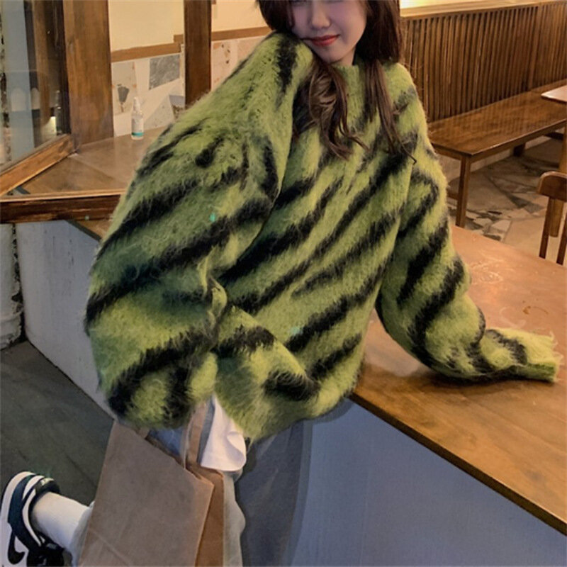 Vallo-cardigã de malha feminino com listra verde, suéter tamanho grande, casaco, streetwear, moda, outono, 2024