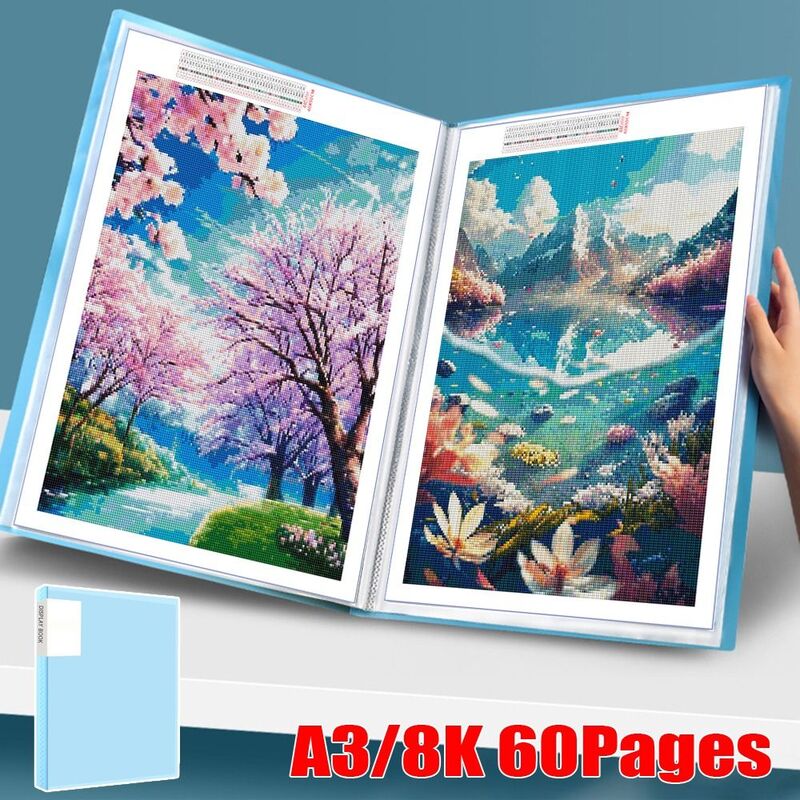 Libro de almacenamiento de pintura de diamantes, carpeta de álbum de fotos con bolsillos transparentes A3/8K, 60 páginas, herramienta de papelería, portafolio de presentación