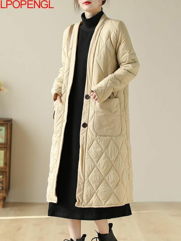 Manteau de longueur moyenne pour femme, vêtements en coton élégants, manches longues, document solide vintage, décontracté et à la mode, automne et hiver 2023