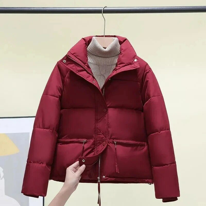 Jaqueta de algodão coreano acolchoada para mulheres, parkas soltas, gola alta, casaco puffer baixo, jaqueta grossa de pão quente, roupas de inverno, nova, 2023