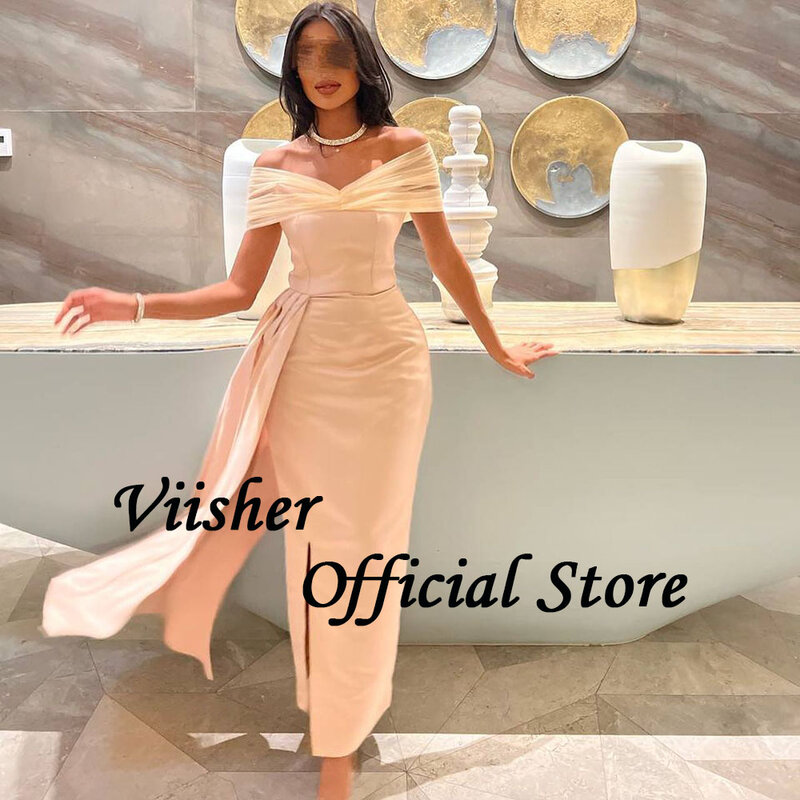 Viisher Saudi Arabia Mermaid Evening Dress Off Shoulder Pleats Satin Tight Formal Prom Dress with Slit Long Evening Party Gowns