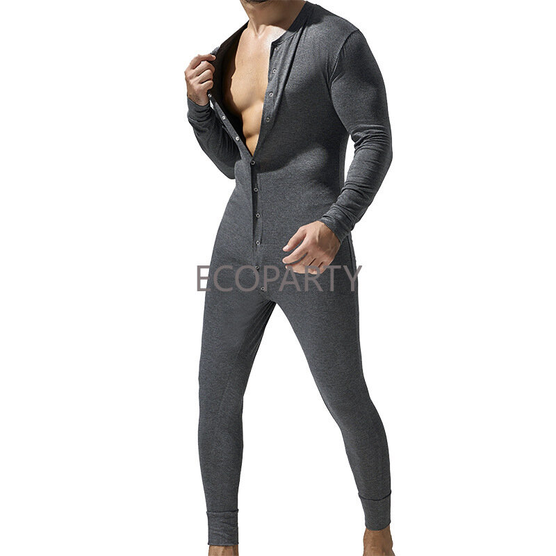 男性用単色パジャマ,長袖ジャンプスーツ,快適なボタン,レジャーウェア,男性用ロンパース,ナイトウェア,M-XXL