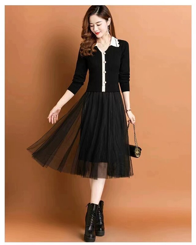 2023 Autumn/Winter New Doll Neck Knitted Long Sleeve Dress with Mesh Splice Bottom Loose Size Woolen Dress Knee Length Robe