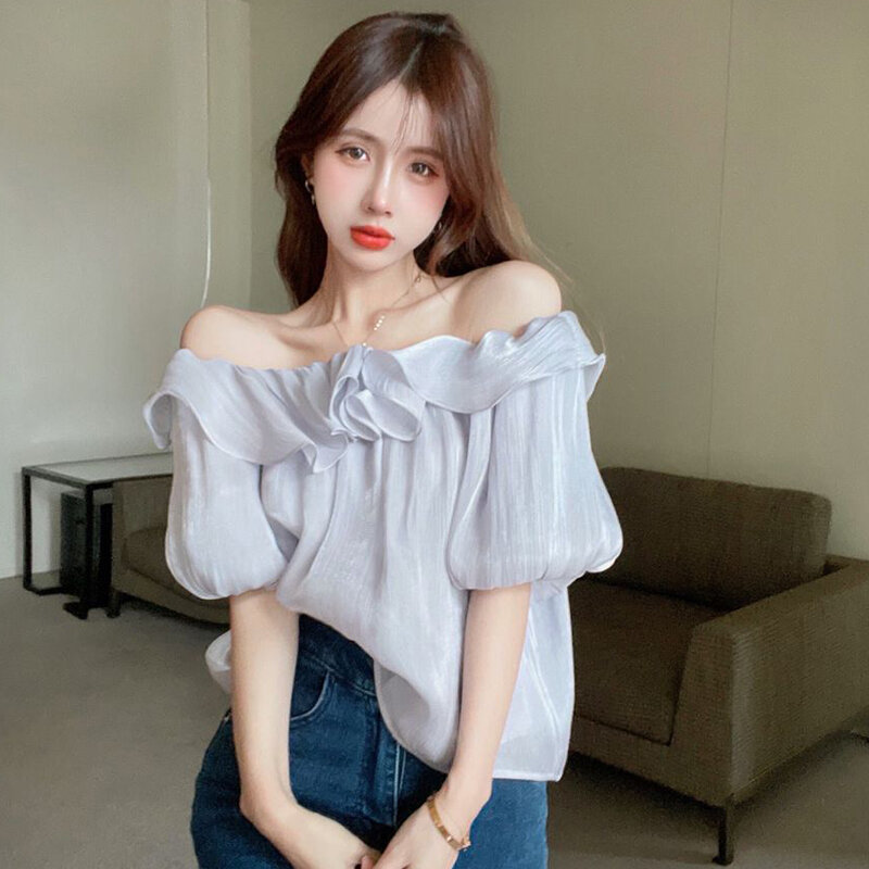 GIDYQ elegancka słodka szyfonowa damska koszula koreańska bufiasty krótki rękaw bluzka z okrągłym dekoltem modna marszczona topy z odkrytymi ramionami letnie nowe