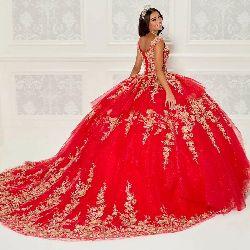 Red Quinceanera Dresses Ball Gown V-neck Tulle Appliques Puffy Mexican Sweet 16 Dresses Charro 15 Anos
