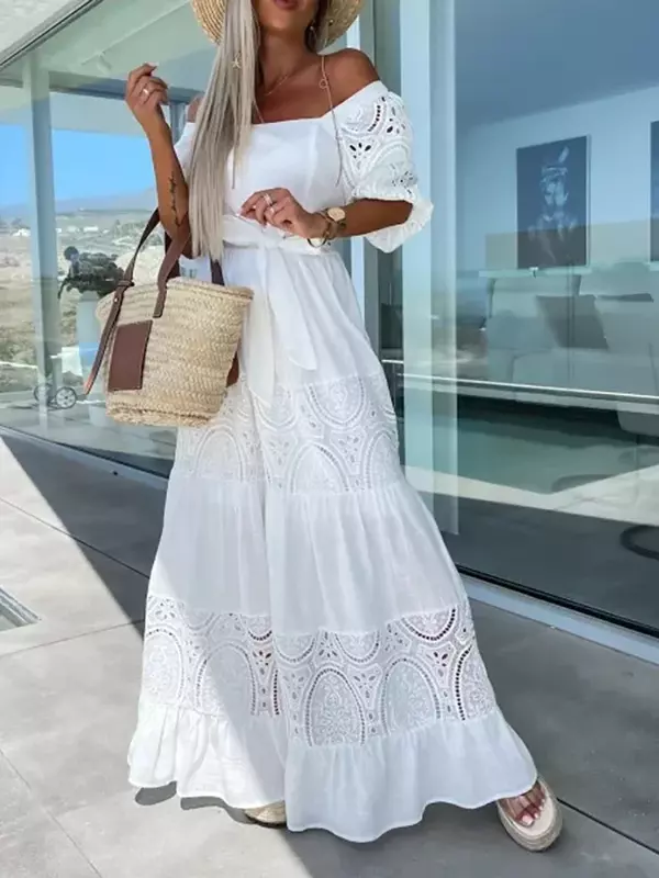 2024 Summer Women Lace Patchwork Loose Casual Beach Dress Female Elegant Retro Square Neck Tie-Up Ruched Long Dress Ladies OFE09