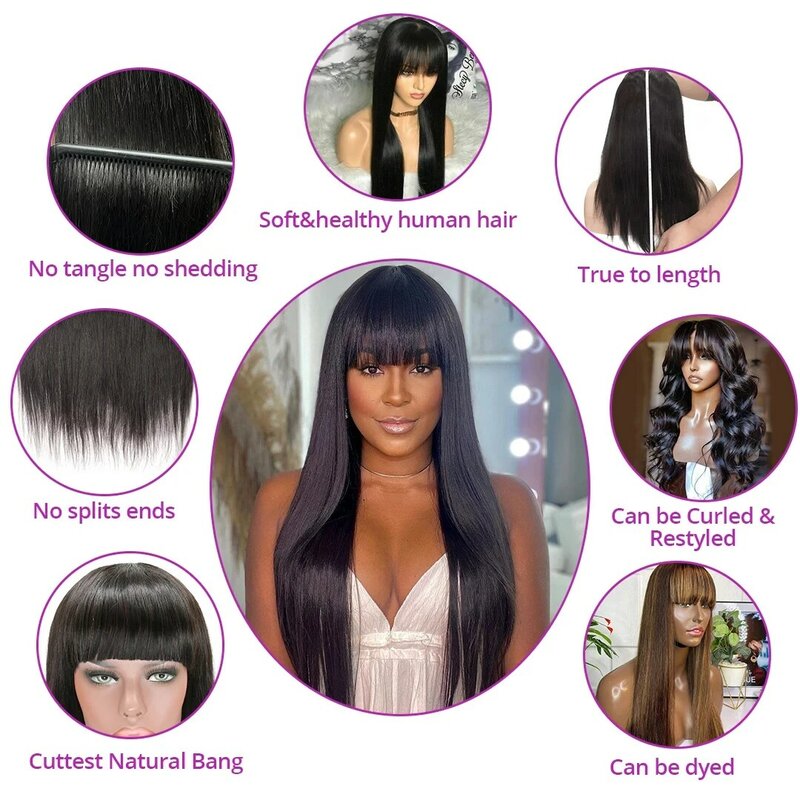 30 inch 3x1 Straight Lace Closure Wigs with Bangs Human Hair Wigs for Women Glueless Wig Middle Part 180% Density Natural Color