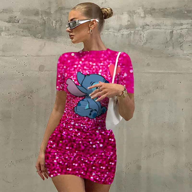 Summer New Products Disney Stitch Short Sleeve T-shirt Tight Pencil Slim Dress Ladies Print Casual Bag Hip Skirt Women