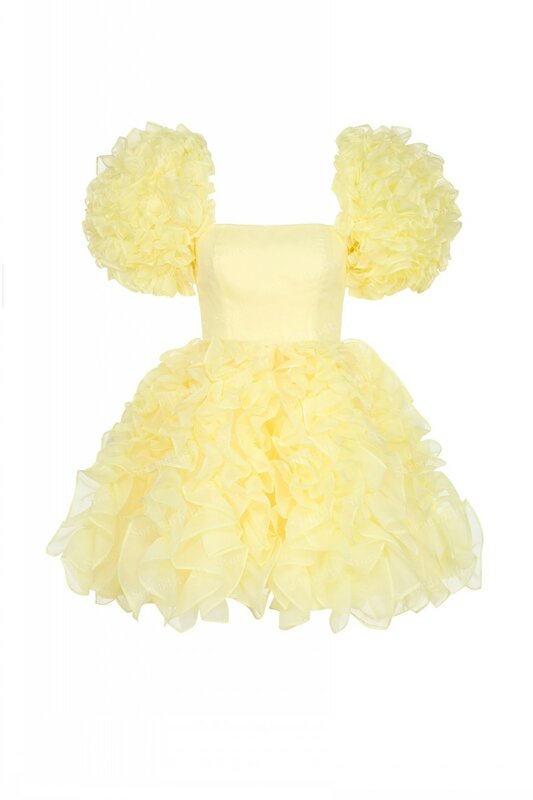 Ever azole-Robe de soirée en mousseline de soie jaune pour femme, col carré, manches courtes, volants, tulle, couches, bébé, vêtements d'été