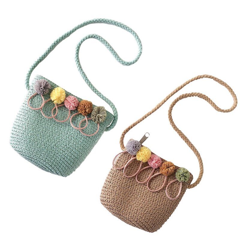 Borsa a tracolla per ragazze 2 pezzi borsa a tracolla in tessuto di Rattan di paglia per neonate Best (verde e kaki) 2