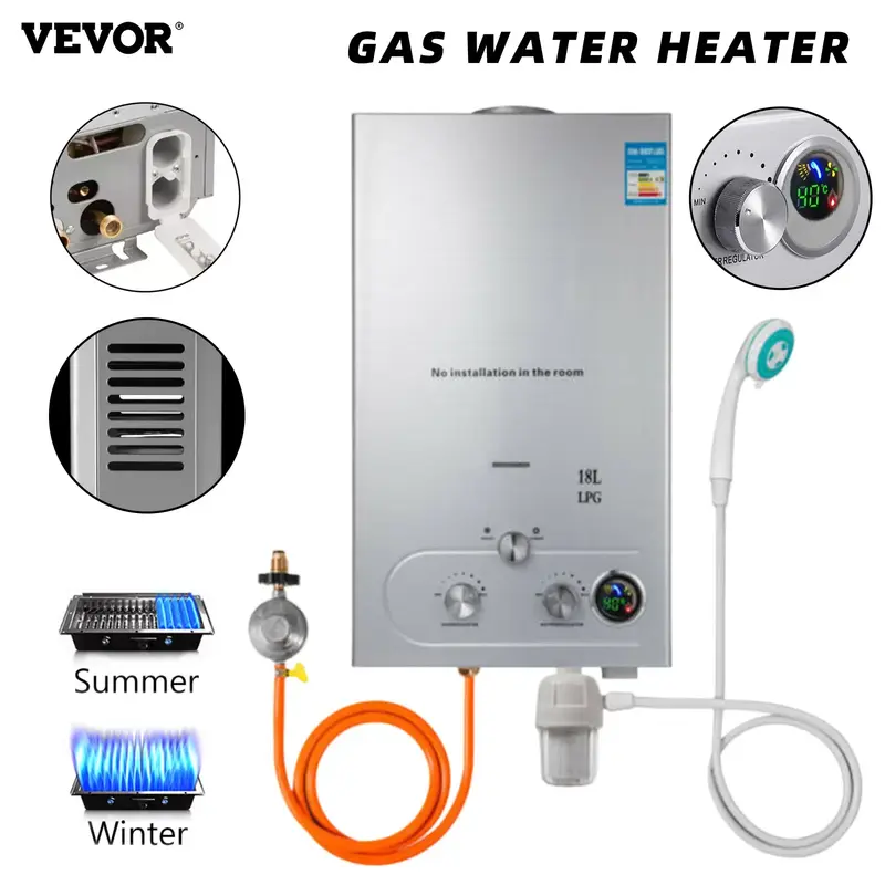 Газовый водонагреватель VEVOR 6 л 8 л 10 л 12 л 16 л 18 л СНГ бытовой мгновенный проточный газовый водонагреватель без резервуара