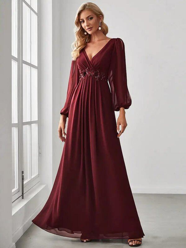Elegant Evening Dresses Long Lantern Sleeves V-neck 2024 ever pretty of A-LINE Chiffon Burgundy flower beltbelt Prom Dress Women