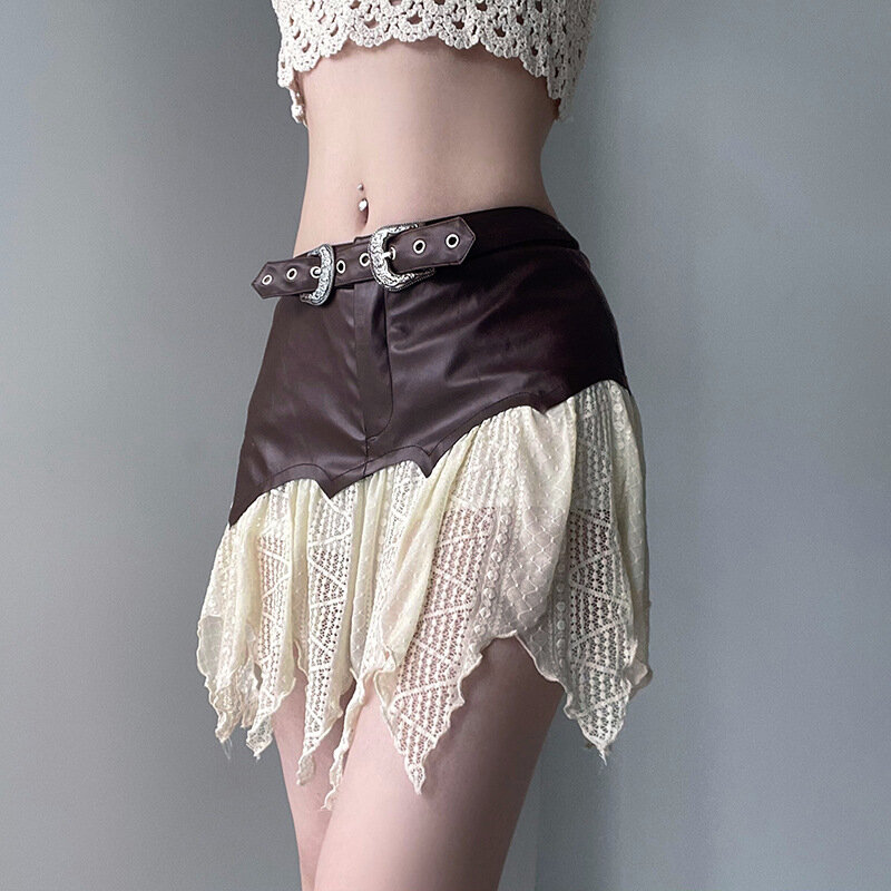 Women's Skirt 2024 Summer Fashion Leather Lace Patchwork Casual Irregular Hem Mini Skirt Spicy Girl Short Skirt Y2k Streetwear