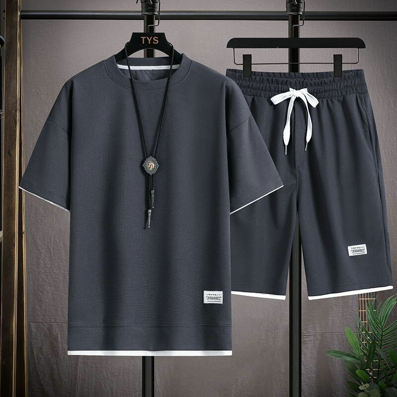 Chándales de gofres de color sólido para hombre, conjunto de mangas, camiseta y pantalones cortos, traje informal Harajuku, ropa de calle de verano