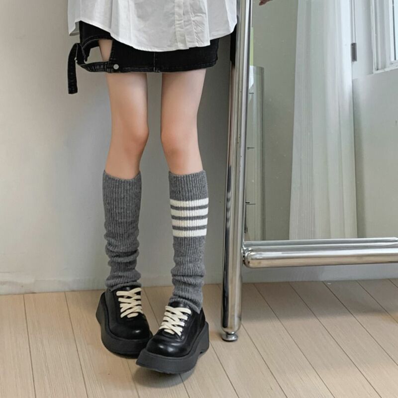 Solid Color Stripe Knitted Leg Warmers College Style Women Y2k Foot Cover Guards Socks Over Knee Long Stockings